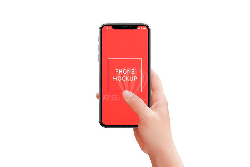 iPhone X mockup in woman hand with isolated layers, background separated. Retouched woman hand holds the phone with her thumb touching the surface of the screen