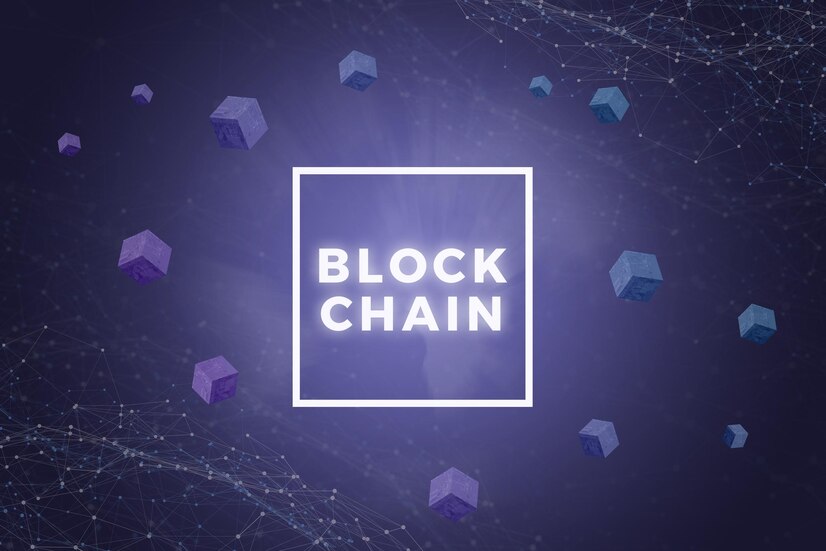 blockchain network illustration with text frame blocks around network threads background