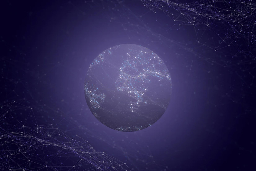 global network concept planet with network nodes purple background