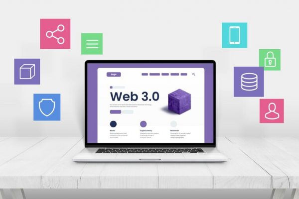laptop with web 30 presentation surrounded by icons representing web 3 features