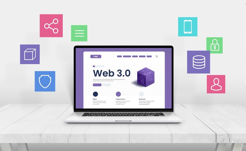 laptop with web 30 presentation surrounded by icons representing web 3 features