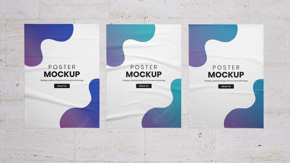 mockup three posters with crumpled texture wall