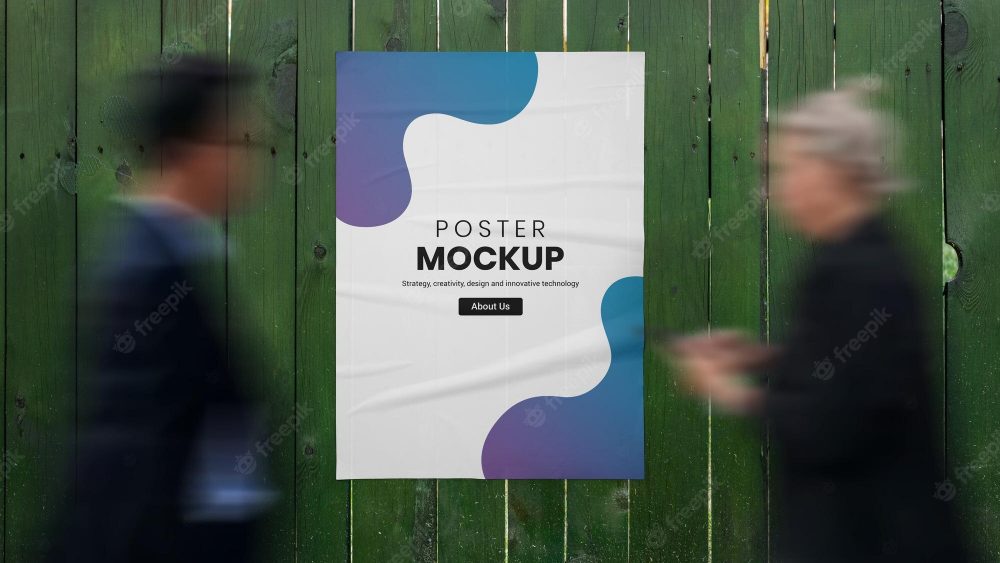 poster mockup green wooden fence with people beside
