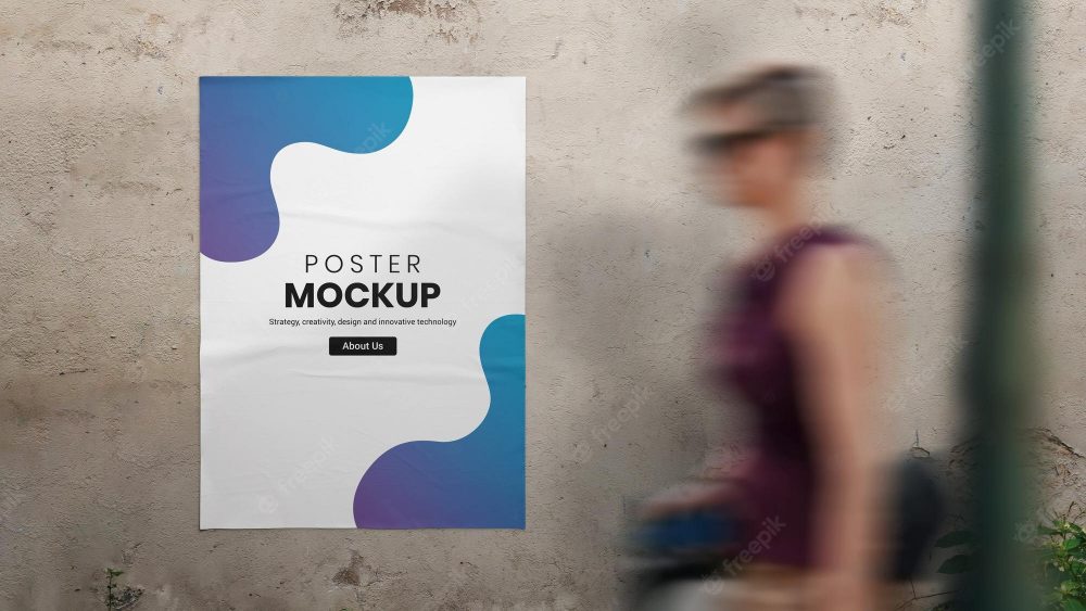 poster mockup wall with woman walks past