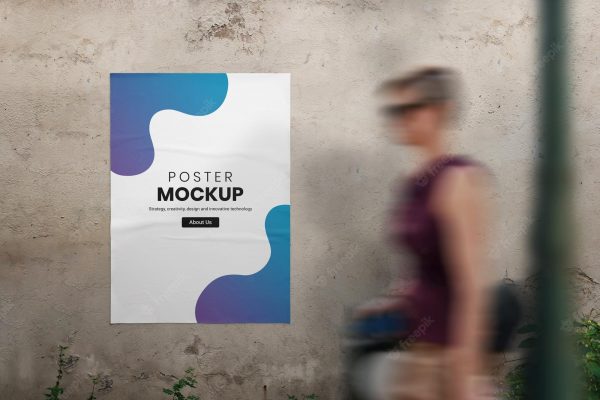 poster mockup wall with woman walks past