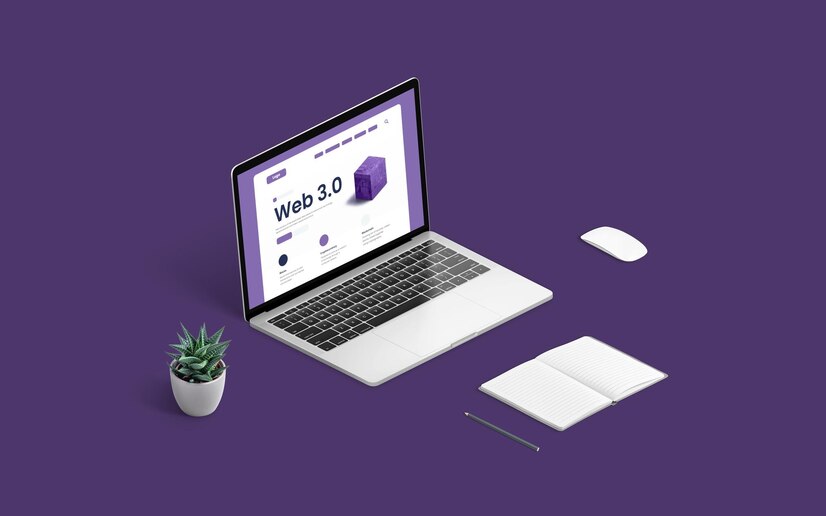 web 30 concept with laptop presentation web page mouse plant pad pen purple background