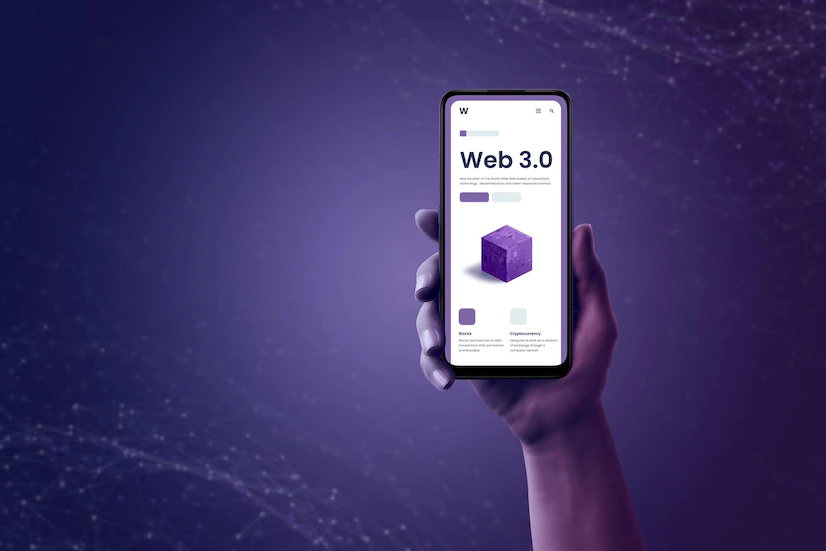 web 30 presentation page smart phone hand concept purple background with network nodes