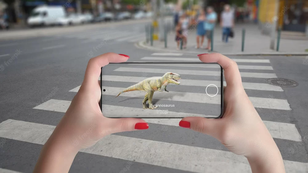 3d projection of dinosaurs on the street with smart phone and augmented reality