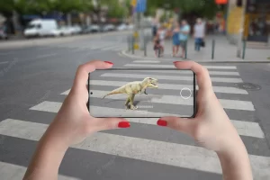 3d projection of dinosaurs on the street with smart phone and augmented reality