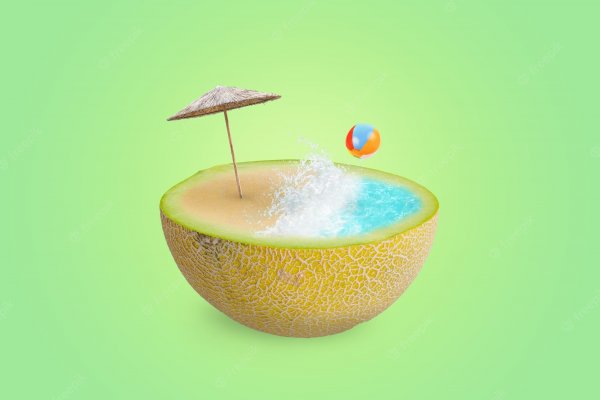 Beach with sea waves, parasol and ball on half a melon