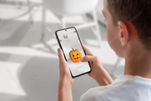 Boy on a mobile phone is playing an augmented reality game. View over shoulder at the phone display