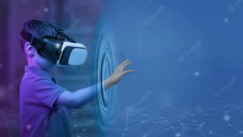 Boy with VR glasses from his room touches the metaverse with his hand