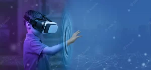Boy with VR glasses from his room touches the metaverse with his hand
