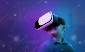 Boy with VR glasses in a metaverse environment concept