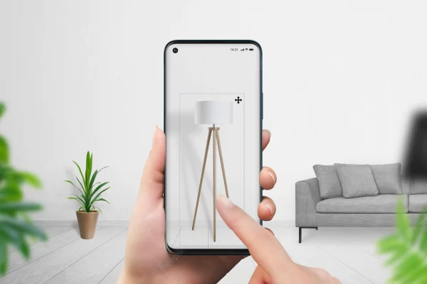 Buying furniture with augmented reality app concept