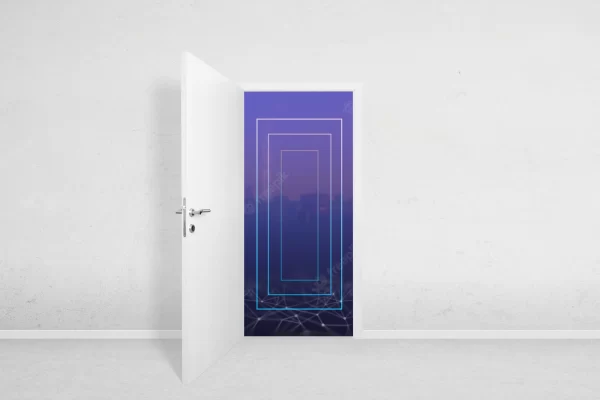 Door to the metaverse concept. Open door on a white wall overlooking the portals