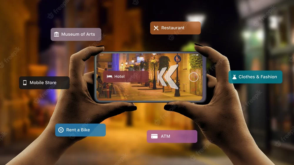 Finding hotels and other tourist facilities in the city with 3d navigation app based on augmented reality technology concept