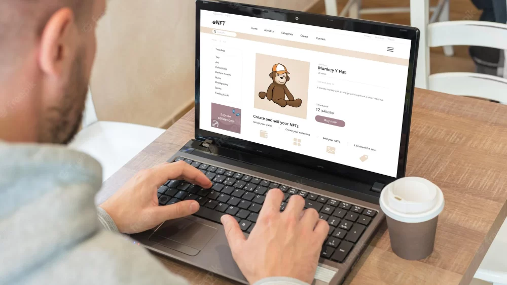 Guy buys an NFT monkey on the marketplace website