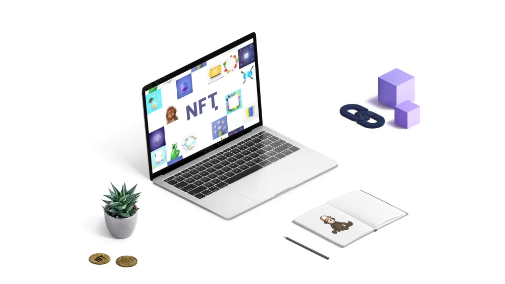 Isometric NFT Non-fungible token composition concept