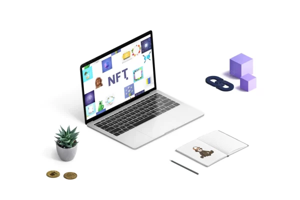 Isometric NFT Non-fungible token composition concept