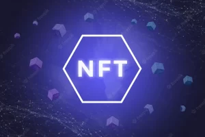NFT 3d illustration with text in hexagon
