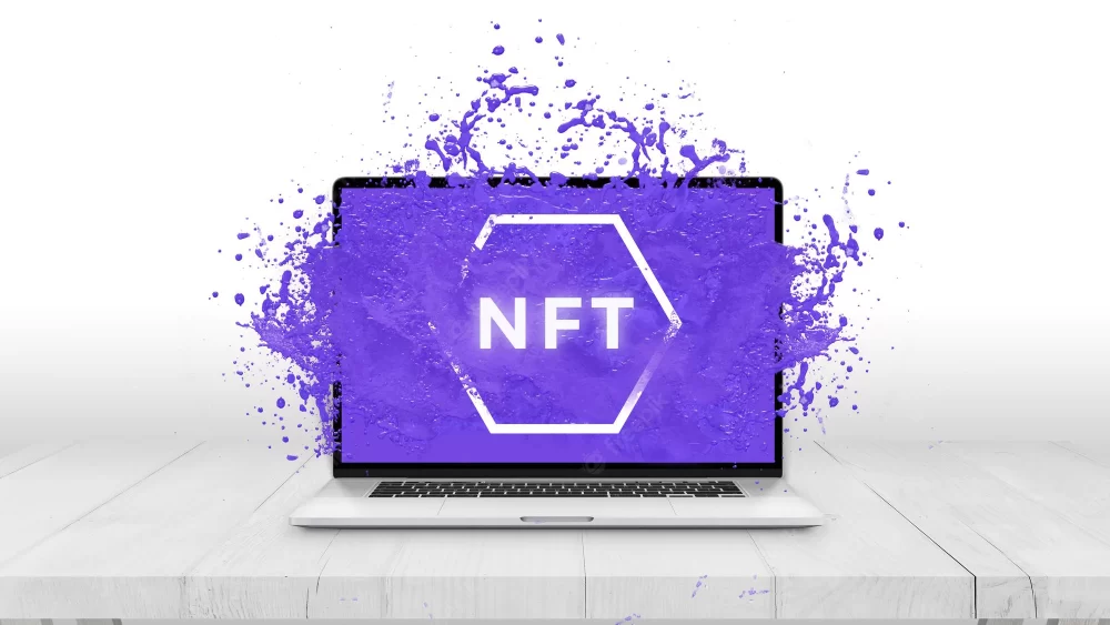 NFT non-fungible token text comes out with purple liquid