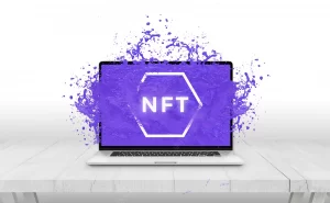 NFT non-fungible token text comes out with purple liquid