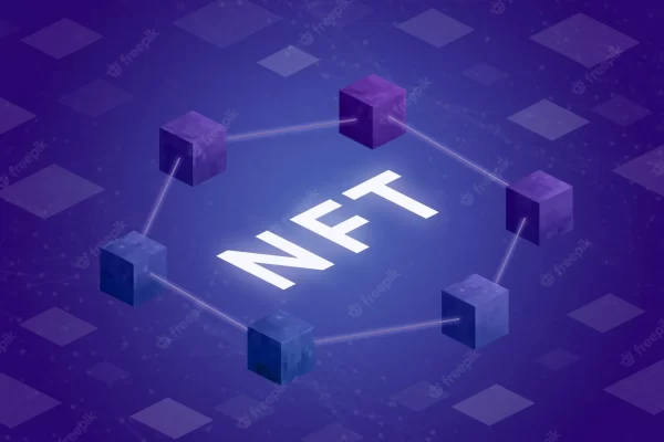 NFT with blockchain blocks in isometric hexagonal position with grid nodes
