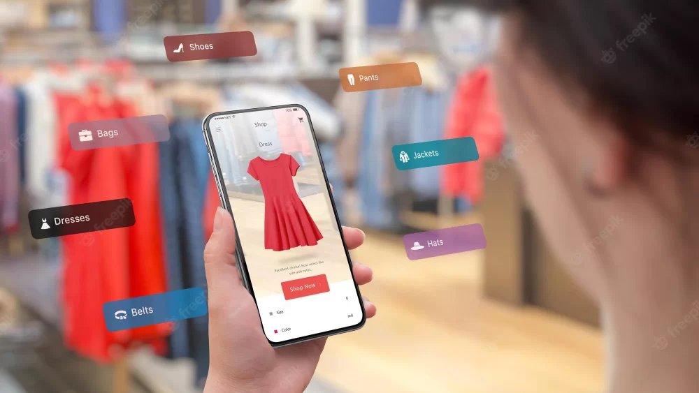 Shopping with smart phone and augmented reality app in the boutique concept
