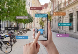 Tourist information and signposts on smart phone in tourist hands