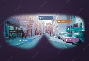 View of the metaverse city through VR glasses concept