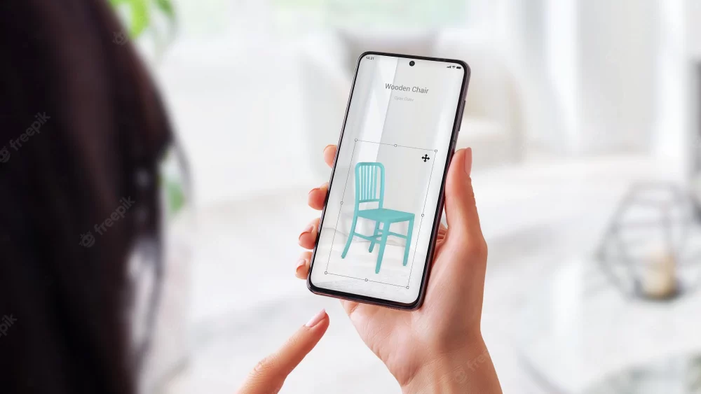 Woman with augmented reality app sets up a wooden chair in living room