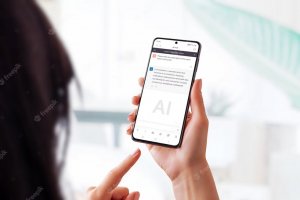 Woman holding a smart phone and using a chat bot app